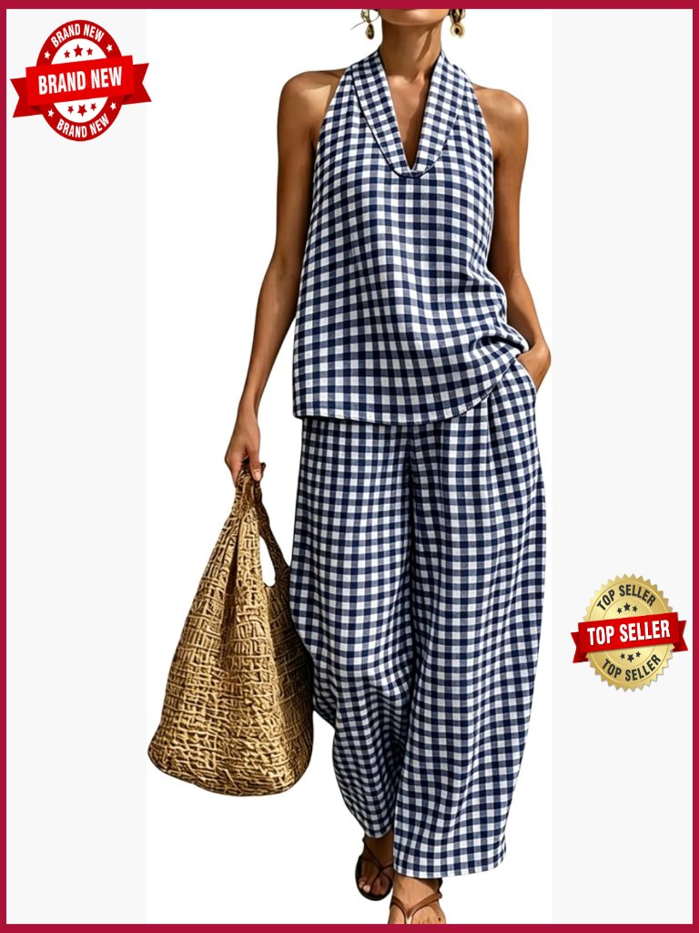Women's Gingham 2 Piece Set Halter Neck Sleeveless Top Pant Sets Lounge Outfits